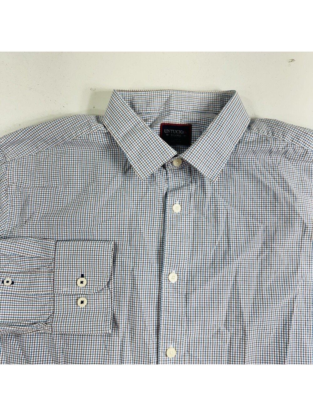 Untuckit Button Down Shirt Long Sleeve Blue Brown Plaid Mens Size XL